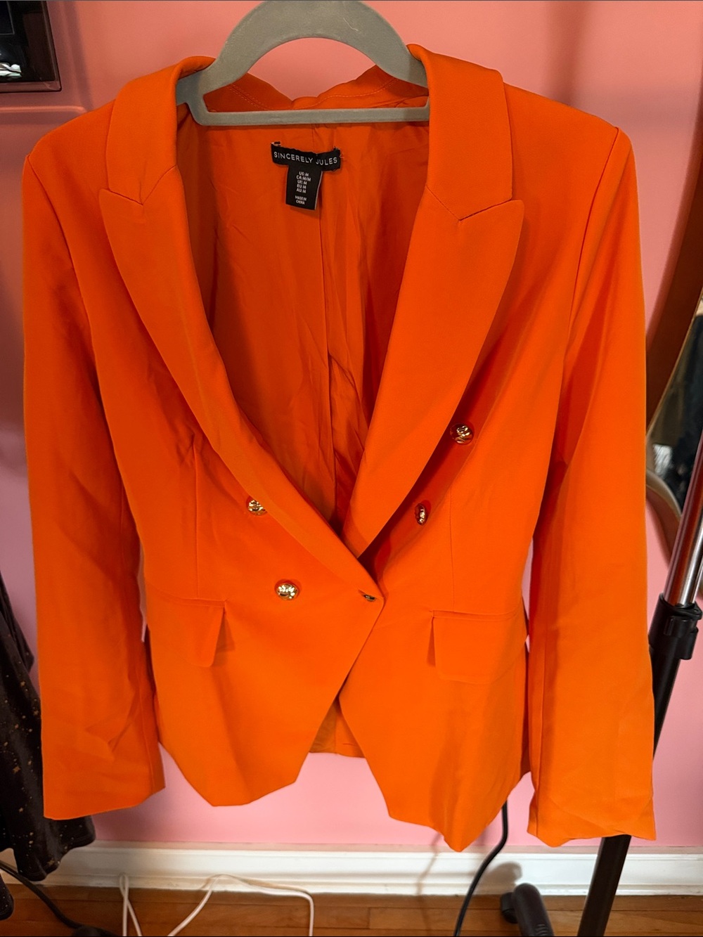 Sincerly Jules Bright Orange Double-Breasted Blazer with Gold Buttons